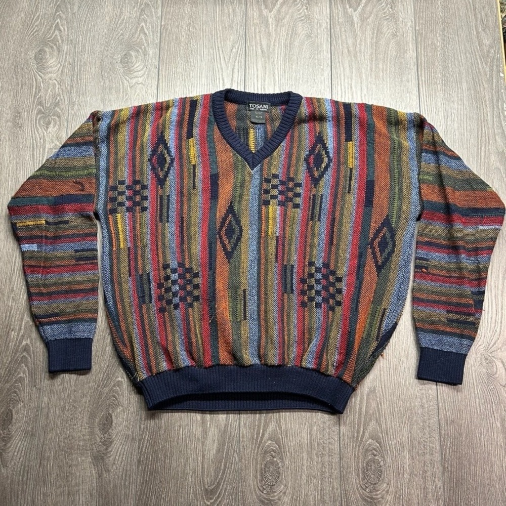 Vintage Tosani Multi Color 3D Knit V-Neck Sweater Mens XL Canada Wool Mix